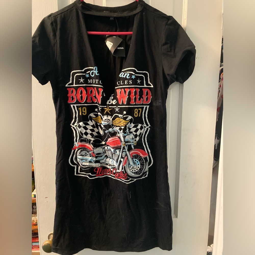 Fashion Nova Born To Be Wild Mini Black Graphic T-Shirt Dress Size L New w/ Tags
